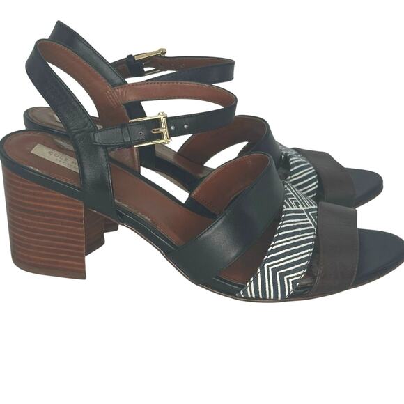 Cole Haan Block Heel Sandals Black White Stripes Size 9B Summer Vacation Resort - Picture 1 of 9
